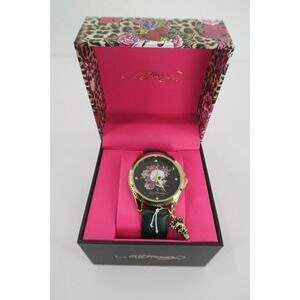 Ed Hardy Women Watch Gold Tone Skull Roses Black Strap Tattoo Art New In Box